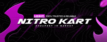 a nitro kart banner with a purple and black background and a purple flame .