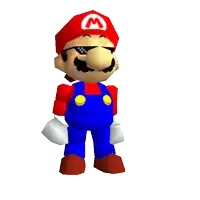a low poly mario wearing sunglasses and a red hat with a w on it