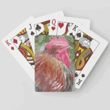 playing cards with a picture of a rooster on the back