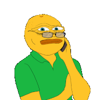 a yellow cartoon character wearing glasses and a green shirt is talking on a cell phone