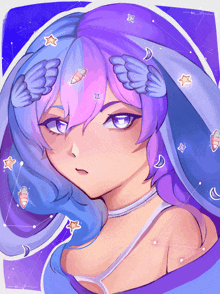 a drawing of a girl with purple hair