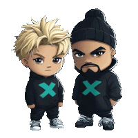 a boy and a man are standing next to each other wearing hoodies with the letter x on them