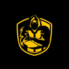 a yellow and black emblem with a man in a hood