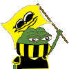 a pixel art of a frog holding a yellow flag and wearing sunglasses .