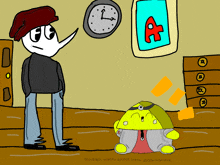 a cartoon drawing of a man standing next to a yellow cartoon character and a clock that says 3:00