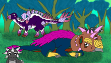 a cartoon drawing of a group of dinosaurs in a field