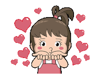 a cartoon girl is holding a heart in her hands surrounded by hearts .