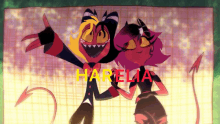 a couple of cartoon characters are standing next to each other and the word harelia is visible