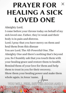 a prayer for healing a sick loved one is written in jesus ' name