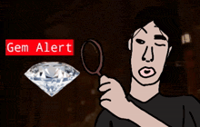 a cartoon of a woman holding a magnifying glass next to a diamond with the words gem alert above her