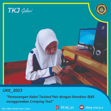 a poster for tkj galeri with a woman working on a computer