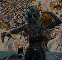 a woman with blue hair is holding a basketball that says ' mooger ' on it