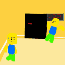 a cartoon of two roblox characters standing in front of a digital clock that reads 2:13