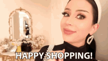 a woman wearing pearl earrings and a headband with the words happy shopping below her