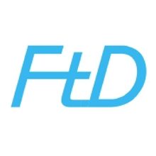 a blue and white logo for a company called fd on a white background .