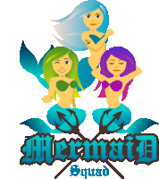 a mermaid squad logo with three mermaids on top