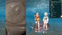 a screenshot of a video game with two girls sitting on a fish and a shark in the background