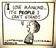 a cartoon of a boy saying " i love mankind "