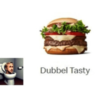 a man in a toilet next to a hamburger with the word dubbel tasty below it