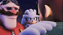 a cartoon character with a mustache and goggles is standing next to a cartoon character with a white furry hand