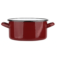 a red enamel pot with two handles on a white background .