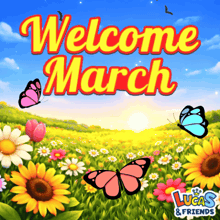 an advertisement for lucas & friends shows a field of flowers and butterflies
