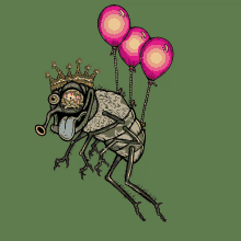 a cartoon drawing of a fly wearing a crown and three pink balloons