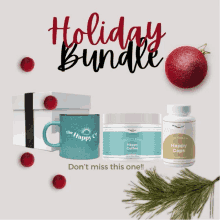 a holiday bundle includes a mug a bottle of happy caps and a jar of coffee