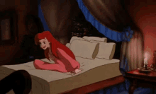 a cartoon of ariel sitting on a bed in a bedroom .