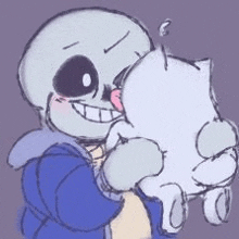 a drawing of sans holding a small white cat .