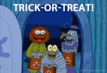 a group of spongebob characters are trick or treating in a doorway .