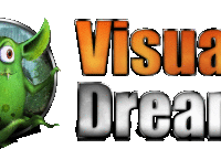 a logo for visual dream design with a green monster in the center