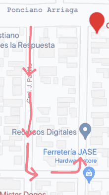 a map showing a red arrow pointing to ferreteria jase hardware store