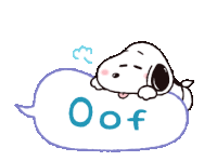 a cartoon of snoopy laying on a cloud with a speech bubble that says oof