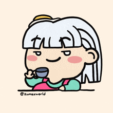 a cartoon drawing of a girl drinking from a cup with @kumoxworld written on the bottom