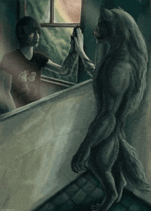 a painting of a werewolf giving a high five to a young man