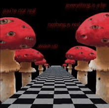 a bunch of red mushrooms with eyes on them are standing on a checkered floor .