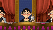 a pixel art drawing of a man holding a drink in front of a curtain that says ' parliament ' on it