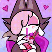 a cartoon character is drinking a strawberry drink through a straw .