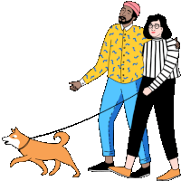 a man and a woman walking a dog on a leash