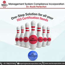 a poster for management system compliance incorporation shows bowling pins and a blue ball