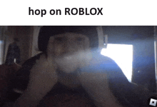 a picture of a person with the words hop on roblox on the top