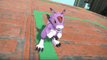 a purple and white monster with a red eye is standing on a tiled floor