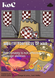 a card that says ability fortress of war with a purple background