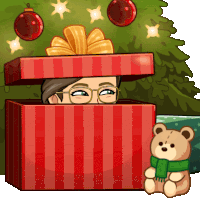 a cartoon of a man peeking out of a red striped gift box next to a teddy bear