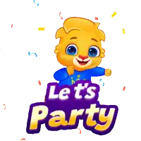 a cartoon character with a blue shirt that says let 's party is surrounded by confetti