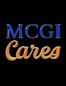 mcgi cares logo on a black background with gold letters