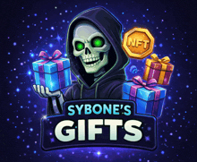 a logo for sybone 's gifts with a skeleton holding a gift
