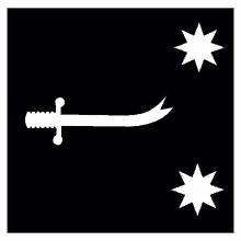 a white sword and two white stars on a black background