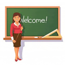 a teacher is standing in front of a blackboard that says welcome .